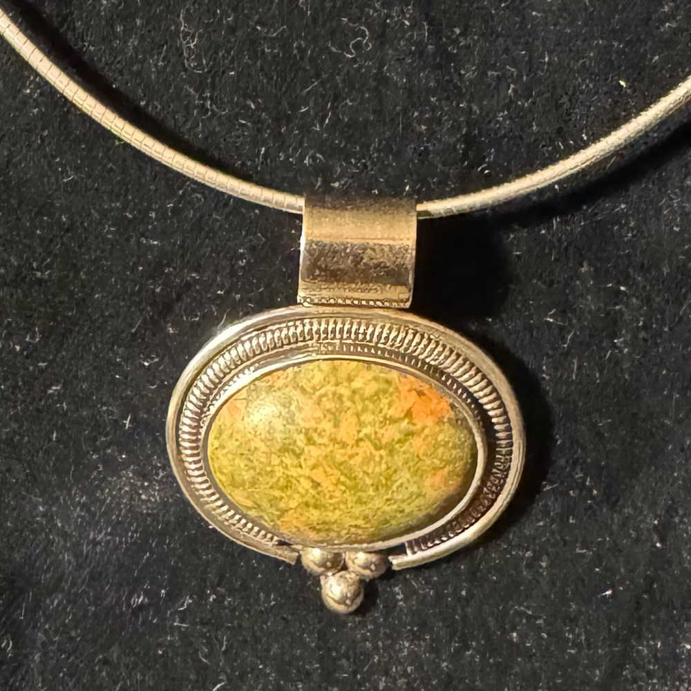 Artisan Sterling Silver and Green Unikite Stone Pendant